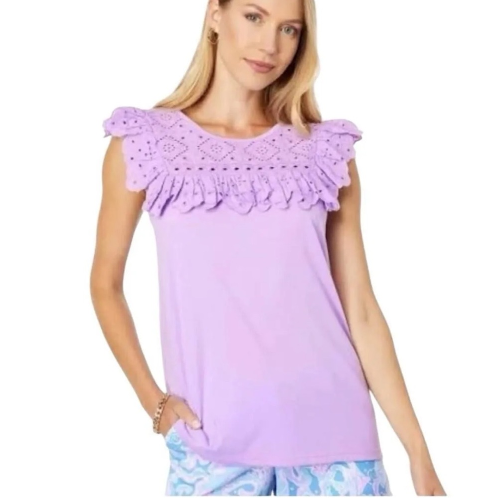 NWOT Lilly Pulitzer Bev Top Eyelet Lace Ruffle-Sleeve Women’s XL Purple Iris